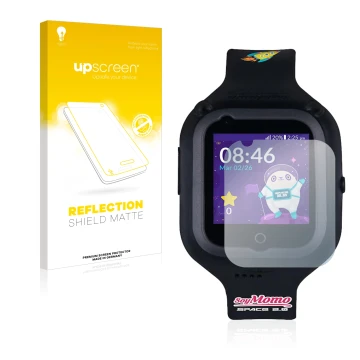 Parte frontal de un envase de producto con el logotipo de la marca upscreen. Al lado se muestra el dispositivo SoyMomo Space 2