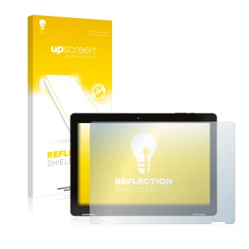 Parte frontal de un envase de producto con el logotipo de la marca upscreen. Al lado se muestra el dispositivo Hannspree Pad A