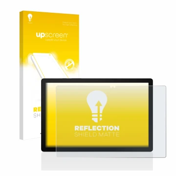 Parte frontal de un envase de producto con el logotipo de la marca upscreen. Al lado se muestra el dispositivo Samsung Galaxy 