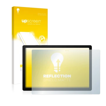 Parte frontal de un envase de producto con el logotipo de la marca upscreen. Al lado se muestra el dispositivo Samsung Galaxy 