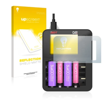 Parte frontal de un envase de producto con el logotipo de la marca upscreen. Al lado se muestra el dispositivo ISDT C4 Evo con