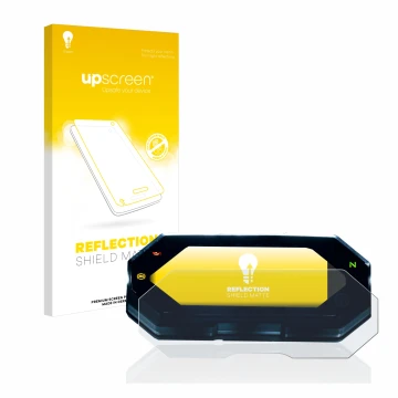 Parte frontal de un envase de producto con el logotipo de la marca upscreen. Al lado se muestra el dispositivo Yamaha MT-07 20