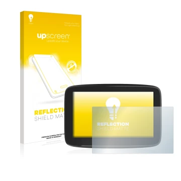 Parte frontal de un envase de producto con el logotipo de la marca upscreen. Al lado se muestra el dispositivo TomTom GO Class