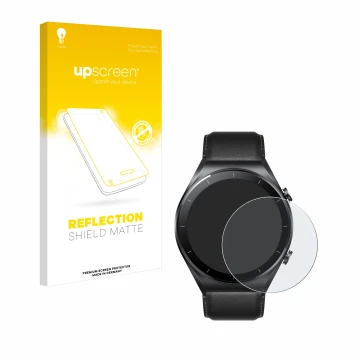 Parte frontal de un envase de producto con el logotipo de la marca upscreen. Al lado se muestra el dispositivo Xiaomi Watch S1