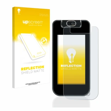 Parte frontal de un envase de producto con el logotipo de la marca upscreen. Al lado se muestra el dispositivo Vtech Kidicom A