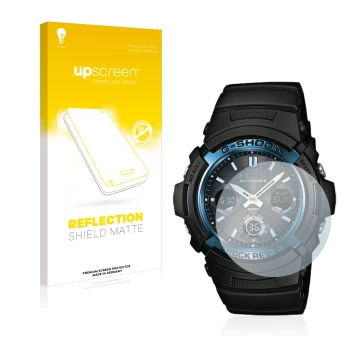 Parte frontal de un envase de producto con el logotipo de la marca upscreen. Al lado se muestra el dispositivo Casio AWG M100 