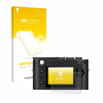 Parte frontal de un envase de producto con el logotipo de la marca upscreen. Al lado se muestra el dispositivo Leica M11 con s