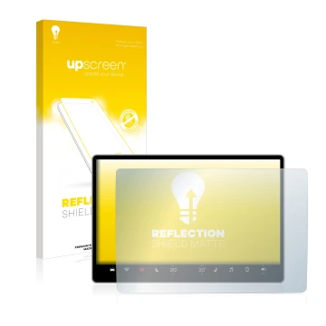 Parte frontal de un envase de producto con el logotipo de la marca upscreen. Al lado se muestra el dispositivo Tesla Model Y I