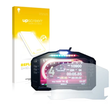 Parte frontal de un envase de producto con el logotipo de la marca upscreen. Al lado se muestra el dispositivo Starlane DaVinc