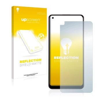 Parte frontal de un envase de producto con el logotipo de la marca upscreen. Al lado se muestra el dispositivo Oppo A96 con su