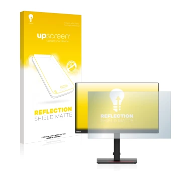 Parte frontal de un envase de producto con el logotipo de la marca upscreen. Al lado se muestra el dispositivo Lenovo ThinkVis