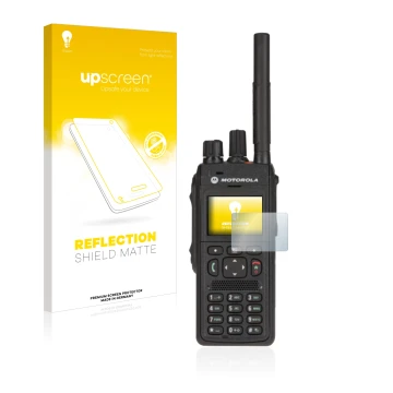 Parte frontal de un envase de producto con el logotipo de la marca upscreen. Al lado se muestra el dispositivo Motorola MTP355