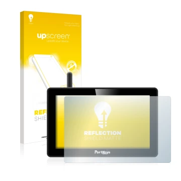 Parte frontal de un envase de producto con el logotipo de la marca upscreen. Al lado se muestra el dispositivo Portkeys BM5 WR