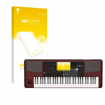 Parte frontal de un envase de producto con el logotipo de la marca upscreen. Al lado se muestra el dispositivo KORG Pa1000 con