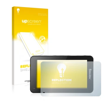 Parte frontal de un envase de producto con el logotipo de la marca upscreen. Al lado se muestra el dispositivo Desview R6 UHB 