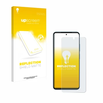 Parte frontal de un envase de producto con el logotipo de la marca upscreen. Al lado se muestra el dispositivo Xiaomi Redmi No