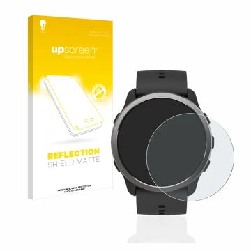 Parte frontal de un envase de producto con el logotipo de la marca upscreen. Al lado se muestra el dispositivo Suunto 5 Peak c