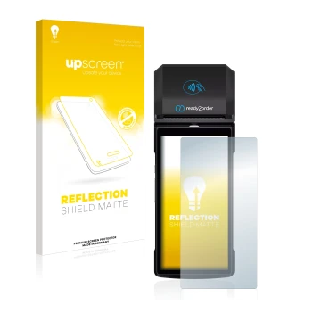 Parte frontal de un envase de producto con el logotipo de la marca upscreen. Al lado se muestra el dispositivo Ready2order Rea