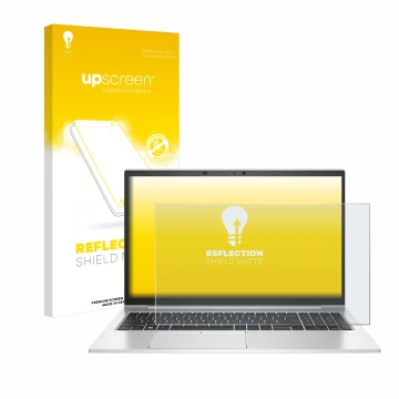 Parte frontal de un envase de producto con el logotipo de la marca upscreen. Al lado se muestra el dispositivo HP EliteBook 85