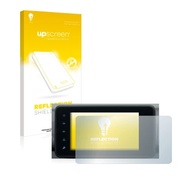 Parte frontal de un envase de producto con el logotipo de la marca upscreen. Al lado se muestra el dispositivo Dacia Sandero 2