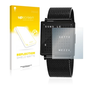 Parte frontal de un envase de producto con el logotipo de la marca upscreen. Al lado se muestra el dispositivo Qlocktwo W35 co