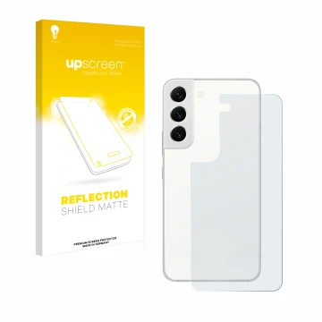 Parte frontal de un envase de producto con el logotipo de la marca upscreen. Al lado se muestra el dispositivo Samsung Galaxy 