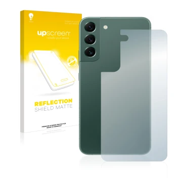 Parte frontal de un envase de producto con el logotipo de la marca upscreen. Al lado se muestra el dispositivo Samsung Galaxy 