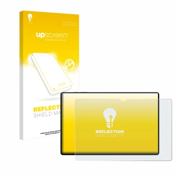 Parte frontal de un envase de producto con el logotipo de la marca upscreen. Al lado se muestra el dispositivo Samsung Galaxy 