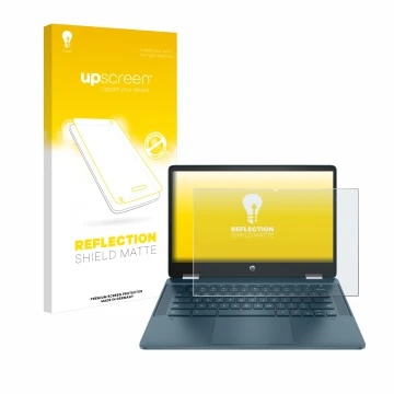 Parte frontal de un envase de producto con el logotipo de la marca upscreen. Al lado se muestra el dispositivo HP Chromebook x