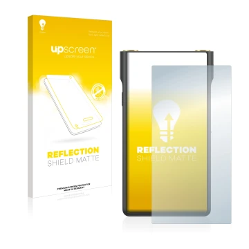 Parte frontal de un envase de producto con el logotipo de la marca upscreen. Al lado se muestra el dispositivo Sony Walkman NW