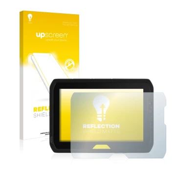 Parte frontal de un envase de producto con el logotipo de la marca upscreen. Al lado se muestra el dispositivo Trimble T100 co