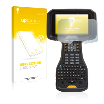 Parte frontal de un envase de producto con el logotipo de la marca upscreen. Al lado se muestra el dispositivo Trimble TSC5 co