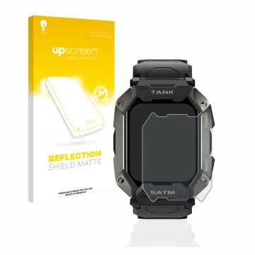 Parte frontal de un envase de producto con el logotipo de la marca upscreen. Al lado se muestra el dispositivo Kospet Tank M1 