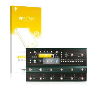 Parte frontal de un envase de producto con el logotipo de la marca upscreen. Al lado se muestra el dispositivo Kemper Profiler