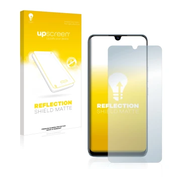 Parte frontal de un envase de producto con el logotipo de la marca upscreen. Al lado se muestra el dispositivo Vivo V20 SE con
