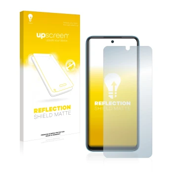 Parte frontal de un envase de producto con el logotipo de la marca upscreen. Al lado se muestra el dispositivo Xiaomi Redmi 10