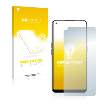 Parte frontal de un envase de producto con el logotipo de la marca upscreen. Al lado se muestra el dispositivo realme 9 Pro Pl