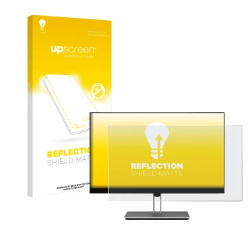 Parte frontal de un envase de producto con el logotipo de la marca upscreen. Al lado se muestra el dispositivo HP E24 G4 con s