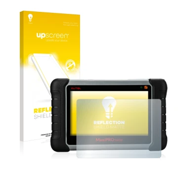 Parte frontal de un envase de producto con el logotipo de la marca upscreen. Al lado se muestra el dispositivo Autel MaxiPRO M