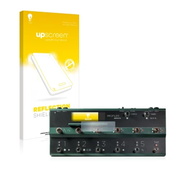Parte frontal de un envase de producto con el logotipo de la marca upscreen. Al lado se muestra el dispositivo Kemper Profiler