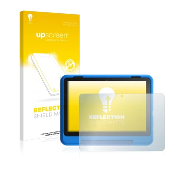 Parte frontal de un envase de producto con el logotipo de la marca upscreen. Al lado se muestra el dispositivo Amazon Fire HD 