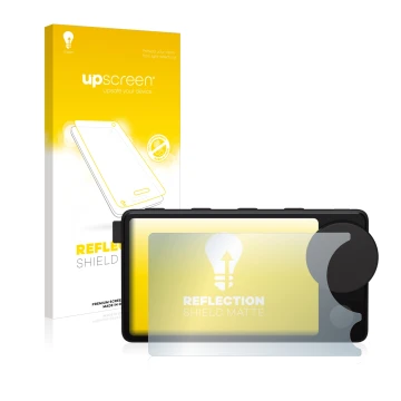 Parte frontal de un envase de producto con el logotipo de la marca upscreen. Al lado se muestra el dispositivo Spotify Car Thi