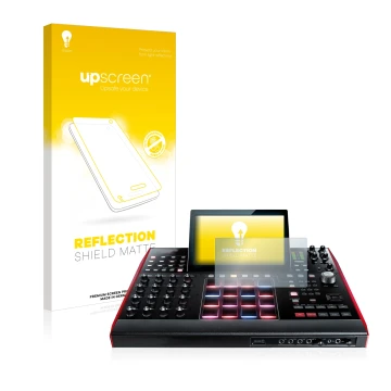 Parte frontal de un envase de producto con el logotipo de la marca upscreen. Al lado se muestra el dispositivo Akai MPC X 10.1