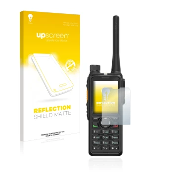 Parte frontal de un envase de producto con el logotipo de la marca upscreen. Al lado se muestra el dispositivo Hytera HP785 co