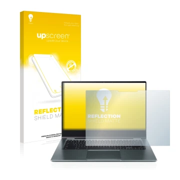 Parte frontal de un envase de producto con el logotipo de la marca upscreen. Al lado se muestra el dispositivo Acer Chromebook