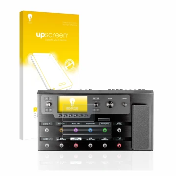 Parte frontal de un envase de producto con el logotipo de la marca upscreen. Al lado se muestra el dispositivo Line 6 Helix Fl