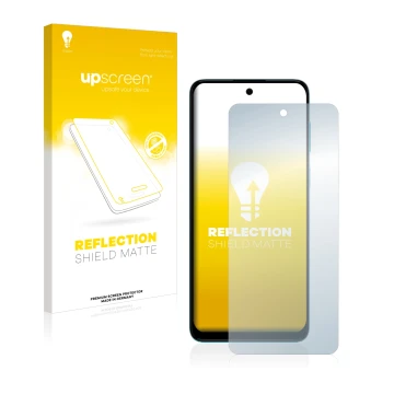 Parte frontal de un envase de producto con el logotipo de la marca upscreen. Al lado se muestra el dispositivo Motorola Moto G