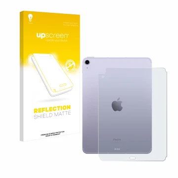 Parte frontal de un envase de producto con el logotipo de la marca upscreen. Al lado se muestra el dispositivo Apple iPad Air 