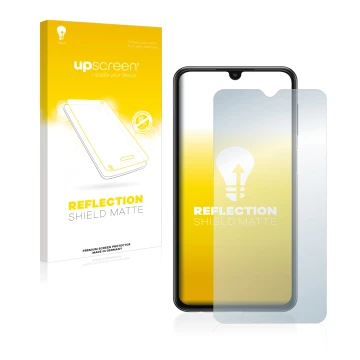 Parte frontal de un envase de producto con el logotipo de la marca upscreen. Al lado se muestra el dispositivo Samsung Galaxy 