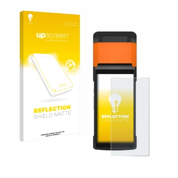 Parte frontal de un envase de producto con el logotipo de la marca upscreen. Al lado se muestra el dispositivo Sunmi V2s con s